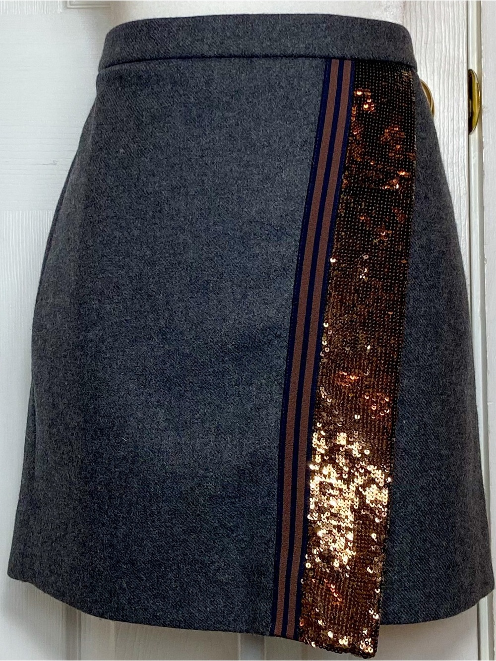 J. Crew Charcoal Gray Mini Skirt with Copper Sequin Stripe